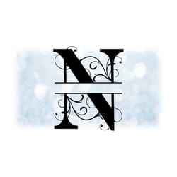 word clipart: split name frame black formal style capital letter initial / monogram 't' w/ floral curls/swirls - digital