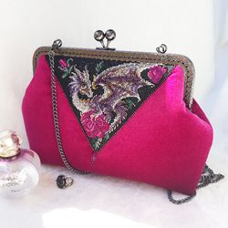 Fantasy Dragon Bead Embroidery Velvet Clutch Bag