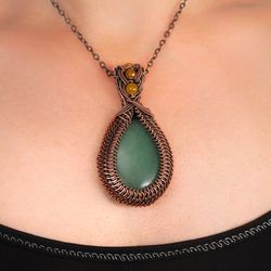 Large green aventurine and yellow agate pendant Unique copper wire wrapped necklace 7th Anniversary gift copper jewelry