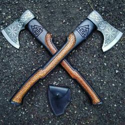 handmade carbon steel viking axe | 18–19 length, colored wood handle with black leather wrapping | fully sharp axe