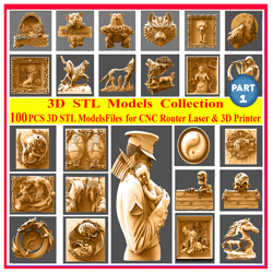 part 1,100 pcs 3d stl models collection,wall decor,stl file for cnc router engraver,carving machine,relief,artcam