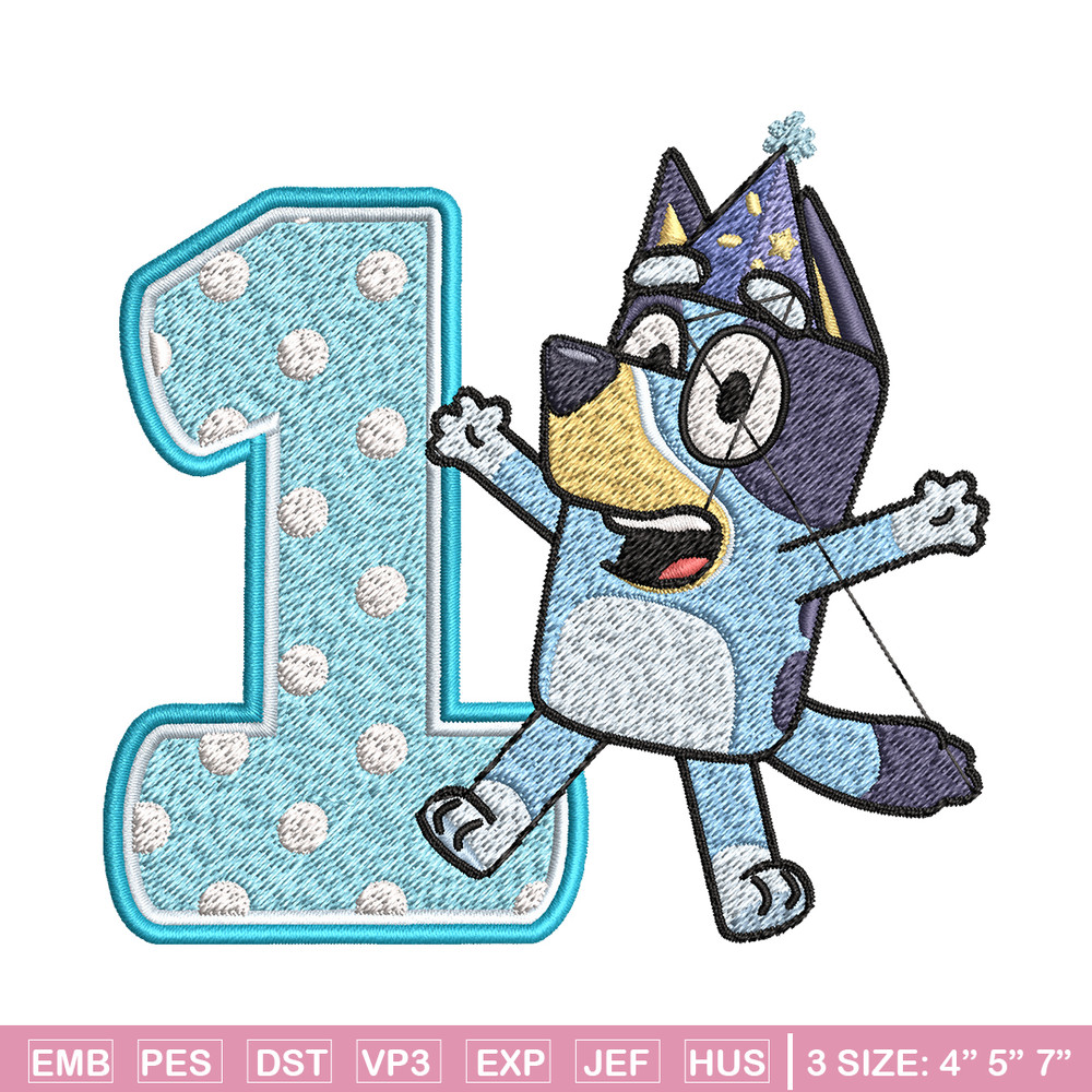 Bluey 1st Birthday Embroidery design, Bluey Cartoon Embroidery, Disney Embroidery, Embroidery File, digital download.jpg