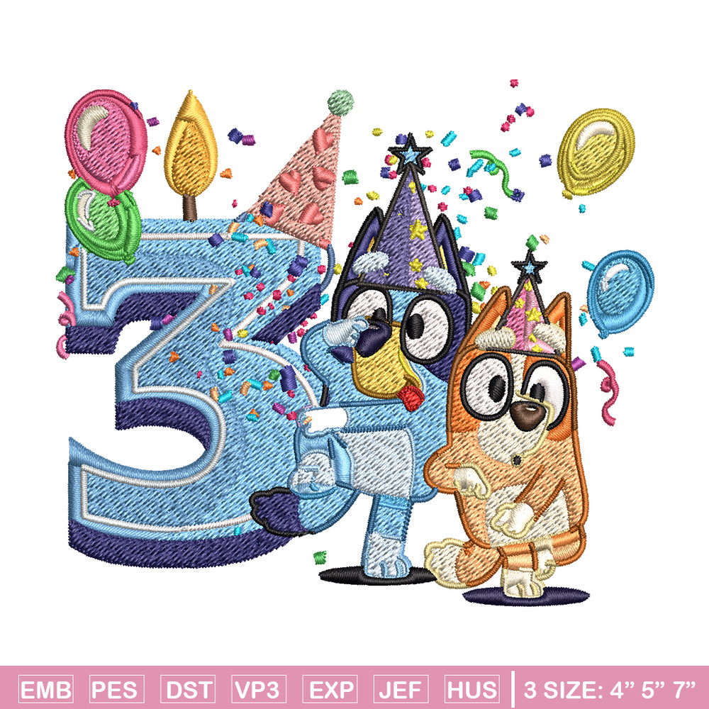 Bluey bingo 3rd birthday Embroidery, Bluey birthday Embroidery, Embroidery File, cartoon design, Instant download..jpg