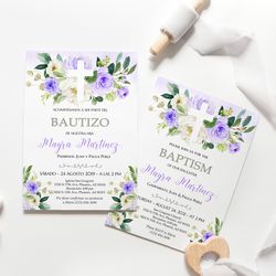 lavender bautizo invitations in spanish invitaciones de bautizo, bautizo para nina, baptism invitations, editable corjl