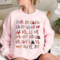 disney teacher alphabet all characters from a to z christmas costume sweatshirt, mickeys very merry xmas matching tee, d