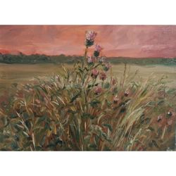 Thistle Original Oil Painting Sunset Artwork Wildflower Wall Art Field Painting Country Still