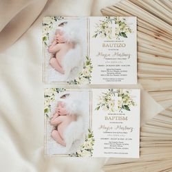 white photo bautizo invitations in spanish, bautizo invitations, invitaciones de bautizo, bautizo para nina, baptism