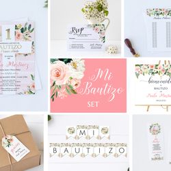 mi bautizo bundle, invitaciones set printable, pink girl spanish baptism invitations set, nina welcome sign mis padrinos
