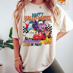 vintage disney cars lightning mcqueen halloween shirt, retro disney pixar cars happy hallowheel truck or treat, funny sp