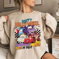 vintage disney cars lightning mcqueen halloween sweatshirt, disney pixar cars happy hallowheel truck or treat, funny spo