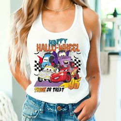 vintage disney cars lightning mcqueen halloween tank, retro disney pixar cars happy hallowheel truck or treat, funny spo