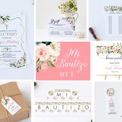 invitaciones set printable, mi bautizo bundle, pink girl spanish baptism invitations set, nina welcome sign mis padrinos