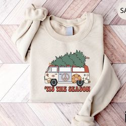 tis the season sweatshirt christmas sweater hippie van caravan and tree hoodie cute holiday crewneck shirt boho pullover