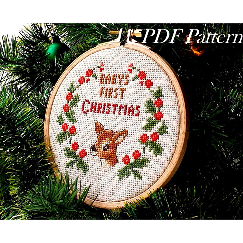 Babys First Christmas Ornament, Funny Cross Stitch Pattern, Beginner Embroidery, Santa Sack Gift, Babys First Christmas Stocking.jpg