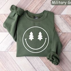 christmas smiley face sweatshirt, christmas tree shirt, womens christmas sweater, christmas crewneck, holiday sweater, g
