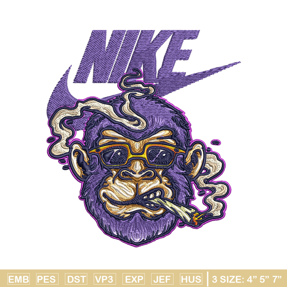Monkey head smoking Nike Embroidery design, Monkey Embroidery, Nike design, Embroidery file, Instant download..jpg