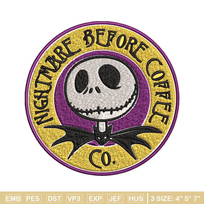 Nightmare before coffee Embroidery design, jack skellington Embroidery, Embroidery File, Horror design, Digital download.jpg