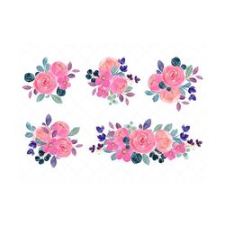 watercolor floral clipart, pink floral arrangement clipart, set of watercolor pink floral flower clipart,individual png files, rose clipart
