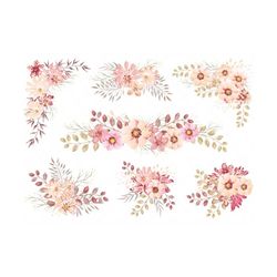 watercolor floral clipart, pink floral clipart, set of watercolor pink flower clipart, individual png files, watercolor rose clipart