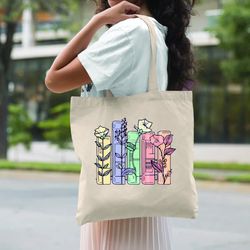 flower book tote bag, book nerd gift, floral tote bags, spring eco friendly totes, bookish library bags, librarian tote,