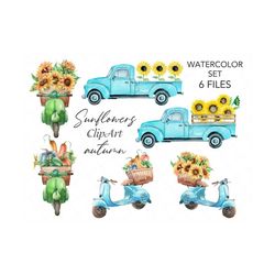 watercolor vintage motorcycle and truck bundle, pumpkins, autumn, sunflowers clipart, watercolor clipart, instant download files png