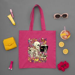 skeleton reading tote bag, gift for halloween, skeleton librarian tote bag,the reader bags, bookish totes,its a good day