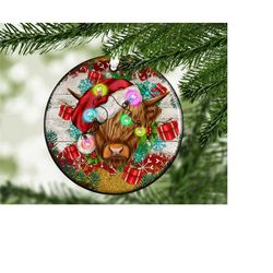 highland cow christmas ornament png, western christmas ornament png, round christmas ornament,christmas ornament sublimation design download