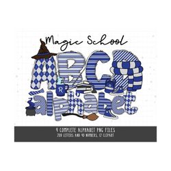 school doodle letters & numbers, magic school png, magic widzard clipart, magic world sublimation, witch wizard halloween clipart
