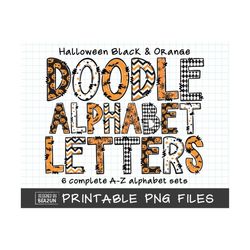 halloween black and orange doodle hand drawn letters, halloween alphabet png, halloween png letters, halloween sublimation designs