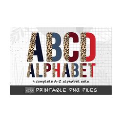 4th of july png, half leopard alphabet png, patriotic doodle alphabet, usa flag alphabet sublimation, 4th of july alphabet clipart designs