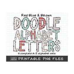 scandi red blue and brown alphabet letters png bundle, scandi alphabet png, alphabet sublimation, hand drawn letters png