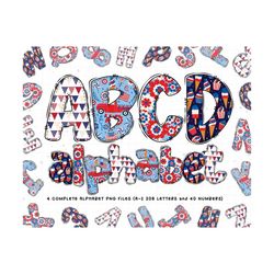 patriotic doodle alphabet bundle, 4th of july png letters, red white blue sublimation, 4th of july alphabet, american flag alphabet