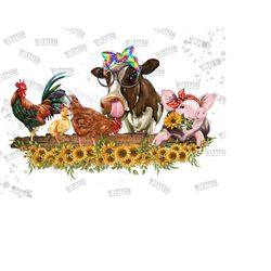 rooster duck chicken cow and pig with sunflower bouquet png, farm animals png, pig png, cow png, rooster png, chicken png, sublimation png