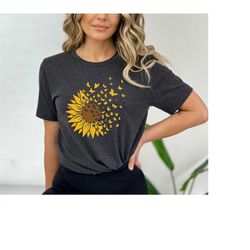 sunflower butterfly shirt, sunflower shirt, floral v-neck, flowers gift t-shirt, botanical tee,flower shirt,butterfly te