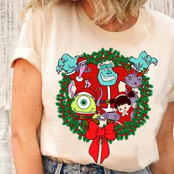 disney group shot christmas wreath monster inc christmas wreath shirt, disneyland family vintage retro gift, christmas s
