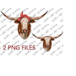 sunflower longhorn png, love cow png, watercolor farm, farm animals, cow bundle png, hand drawing, cow with bandana png,