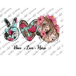 peace love horse with flower sublimation png, floral horse png, horse love png,horse lover png,watercolor horse png,horse sublimation design
