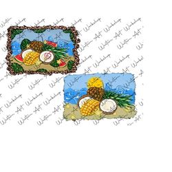 pineapple mango coconut watermelon tropical leaves leopard background, summer fruits, sublimation design, watermelon png, summer sublimation