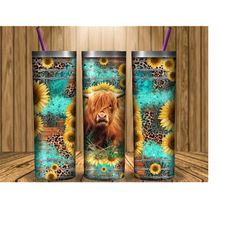 highland cow sunflowers tumbler tumbler png, 20oz skinny tumbler sublimation designs, western png file, highland cow, tu