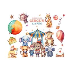 circus watercolor clipart set, animals illustration, little clown, colorfull nursery decoration, circus party tent