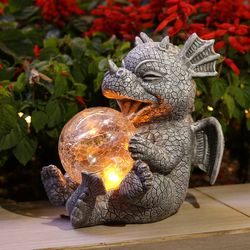 1pc dragon garden statues, resin dragon baby holding magic orb with solar led lights figurines, outdoor spring gift