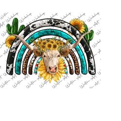 rainbow sunflower longhorn png, love cow png, watercolor farm, farm animals, cactus png, hand drawing, cow sunflower png,sublimation designs