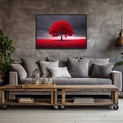 red tree on black background wall art - tree painting canvas print - living room decor decor framed or unframed ready to