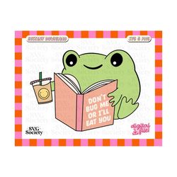 don't bug me or i'll eat you, cute bookish frog with iced coffee svg png design for bookmarks, stickers, t-shirts, tote bags, caps & more