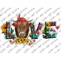 love cow png, cow design, love design, cactus, sunflower, cow and bandana png, watercolor animals clipart, cow png, cow love png