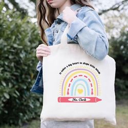 personalized teacher rainbow bags, custom gifts for teachers, it takes a big heart to shape little minds tote bag, book