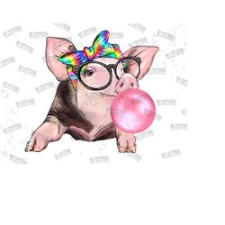 pig with glasses and tie dye bandana and bubblegum png, hand drawn, sublimation png, pigs png, cute pigs png, sublimation design
