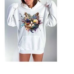 colorful cat with glasses  sweatshirt, cute cat sweatshirt, cool animal apparel, cat, sunglasses , funny cat sweatshirt,