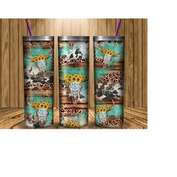 western bull skull tumbler png, 20oz skinny tumbler sublimation designs, cowhide tumbler, country, turquoise tumbler, digital download