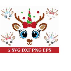 christmas reindeer unicorn svg, girl reindeer face svg, christmas reindeer ornament svg, snowflake unicorn svg png, chri